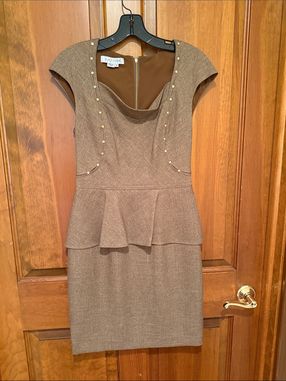 Kay Unger Brown Peplum Sheath Dress with Stud Accents